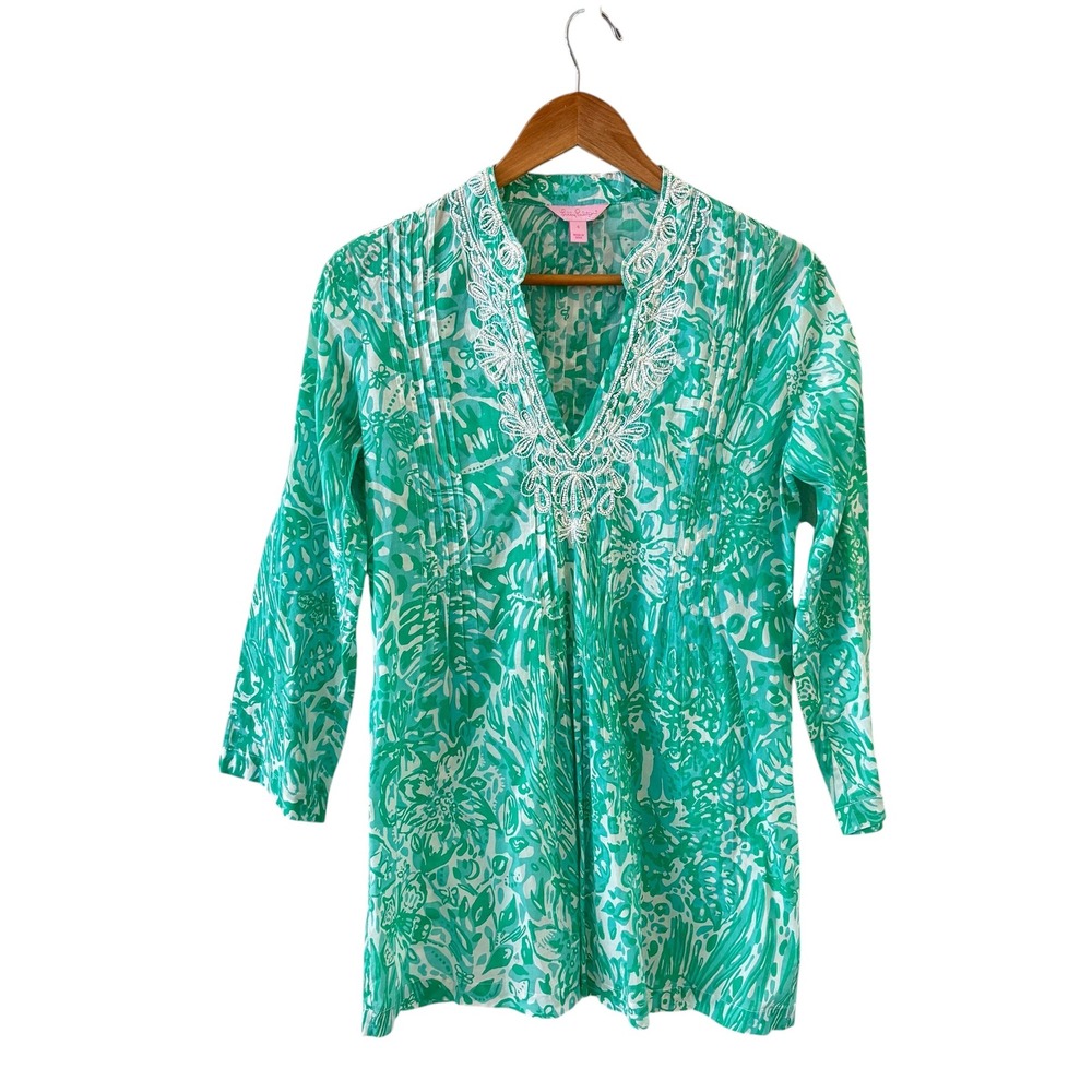 Lilly Pulitzer Sarasota Tunic Top Womens S Green Beaded Floral Preppy‎ Beach